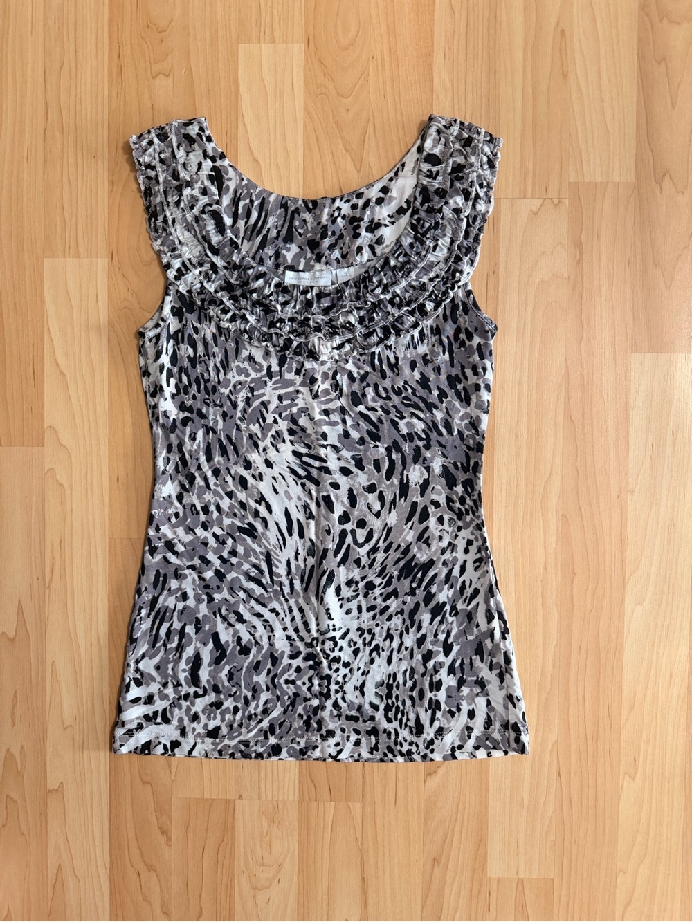 New York & Company Gray and Black Animal Print Ruffle Tank